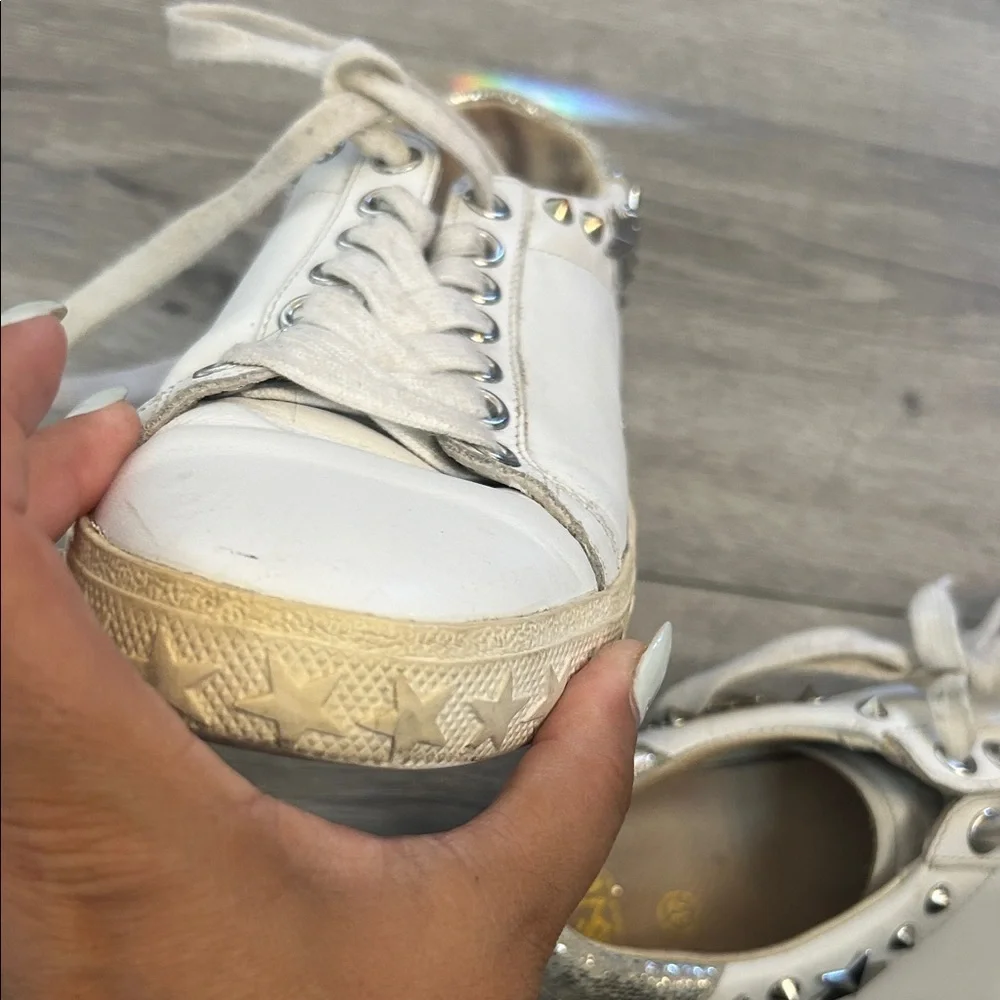 ASH Brand Women's Dazed Stars & Studs Leather Shoes Sneakers White Silver Sz 37